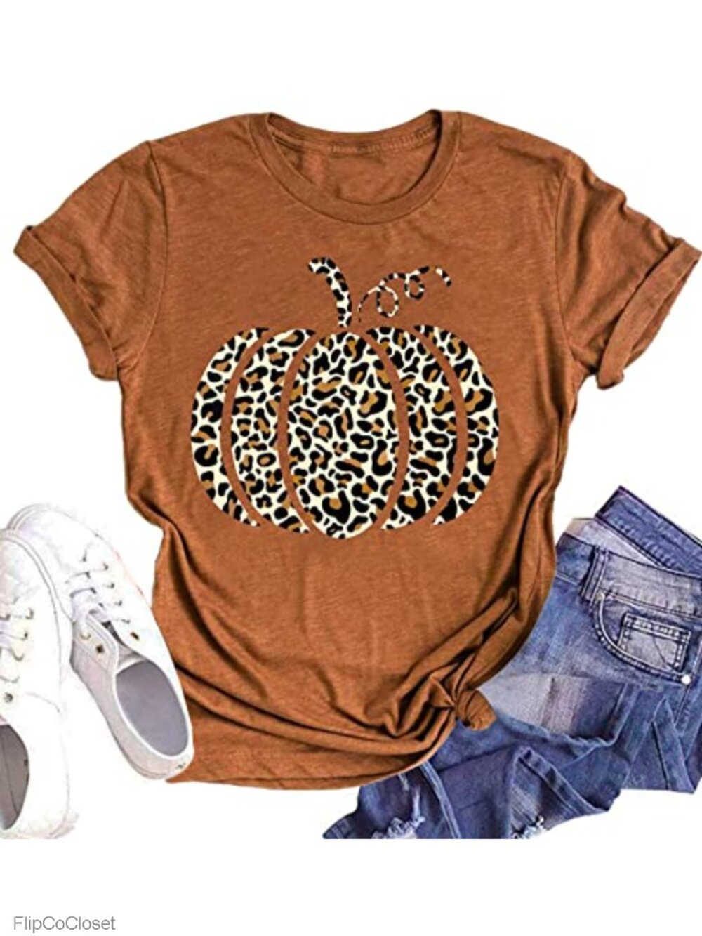 Women Halloween Pumpkin Graphic Tee Leopard Print Casual Fall Short Sleeve Top